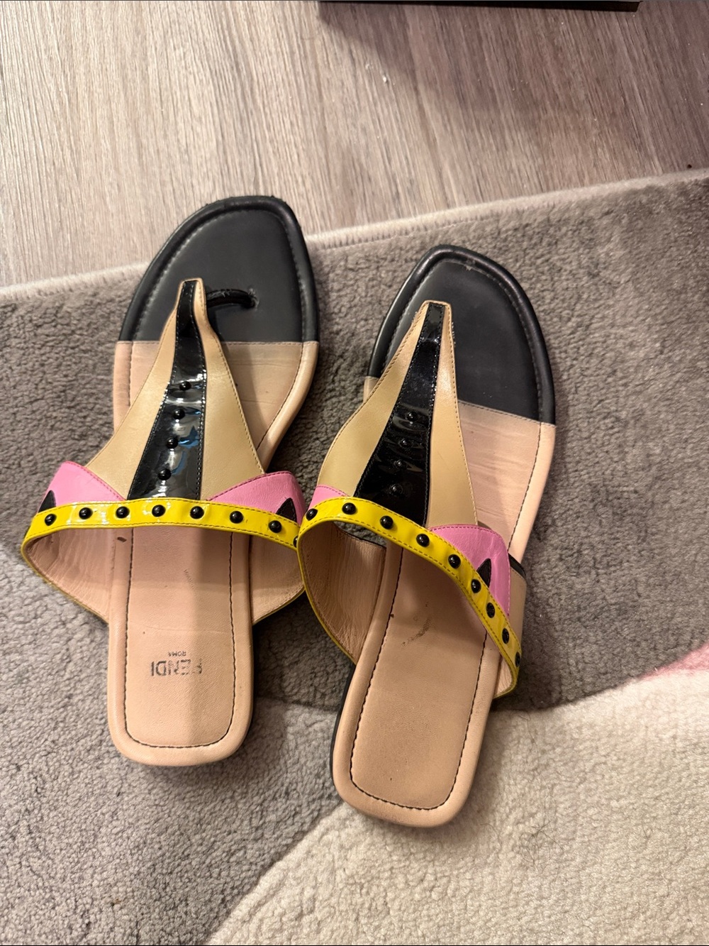 Prada Pink Yellow Black Leather Colorblock Studded Sandals